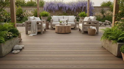 Moderne WPC-Terrassendielen in natürlicher Holzoptik mit gemütlicher Outdoor-Lounge im Garten
