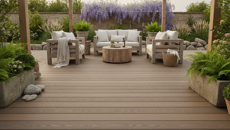 Moderne WPC-Terrassendielen in natürlicher Holzoptik mit gemütlicher Outdoor-Lounge im Garten